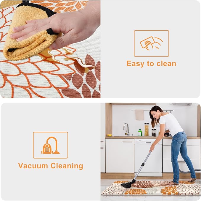 KIMODE Kitchen Mats for Floor Cushioned Anti Fatigue 2PCS Fall Kitchen Rugs | Dahlia Floral, 17"x47"+17"x29",Farmhouse Boho Floor Mats ,Non Slip,Waterproof,Comfort Desk Mat for Sink Office Laundry home