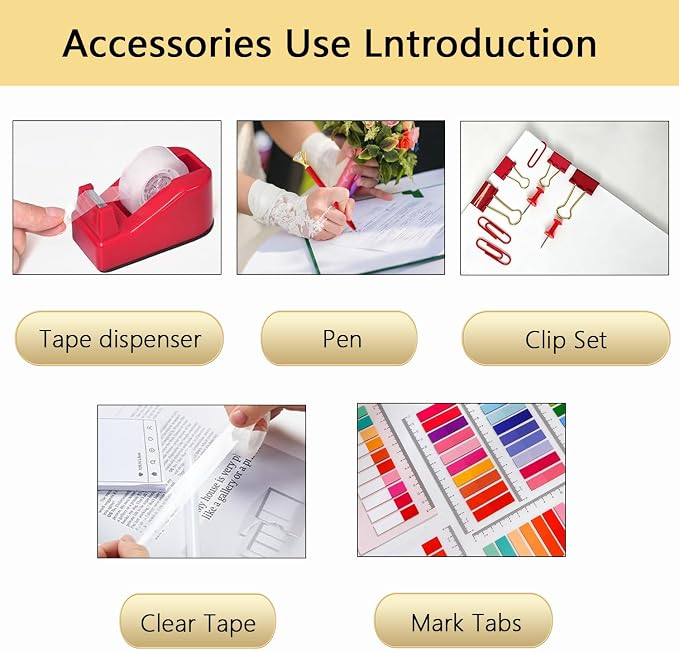 Office Supplies,Red Desk Accessories,Office Supplies Set,Desk Organizer,Stapler,Tape Dispenser,Scissors,Staple Remover,Binder Clips,Staples,Ballpoint Pen,Index Tabs with Ruler,Clear Tape.10pcs