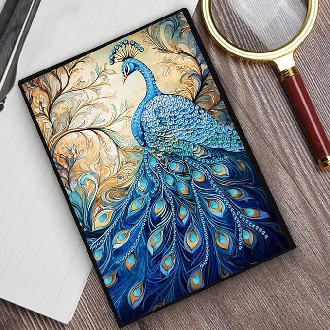 FRANDEK Pearl Painting Notebook Kit, Blue Peacock A5 DIY Journal with 50 Blank Pages, Diamond Gem Art Cover with Waterproof Canvas, Beginner Craft Set with Full Tools for Adults