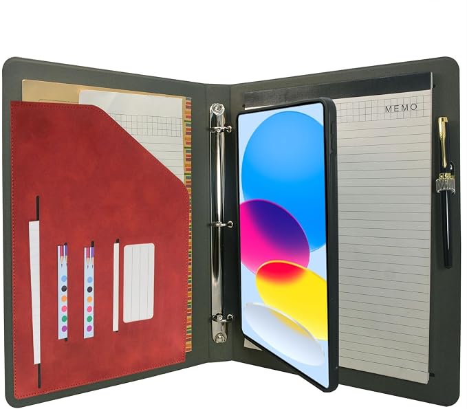 Tablet Organizer Portfolio Case with 3-Ring Binder, Binder Padfolio File Folder with Removable Tablet Holder, Compatible with iPad (A16) 11th Gen 2025 / iPad 10th Gen 2022, Red