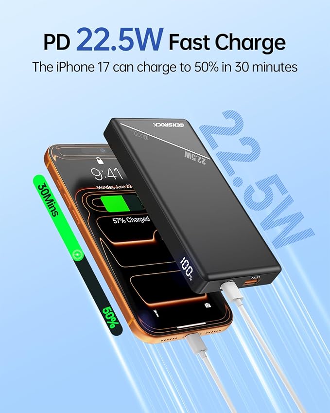 GENSROCK 5V 2A/3A Portable Charger Power Bank 10000mAh, PD 22.5W Fast Charging Power Bank,LED Display Battery Pack for iPhone17/16/15/14/13 Series, Samsung, Google, Pixel, LG, iPad
