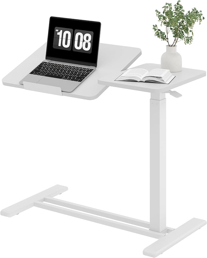 SANODESK 32''Overbed Table Gas Spring Lifting with Wheels&Tilting Desktop | Rolling Mobile Laptop Desk End Table,Portable Computer Workstation for Home Office,Sofa,Bedside,31.5" W x 17.7" D,White