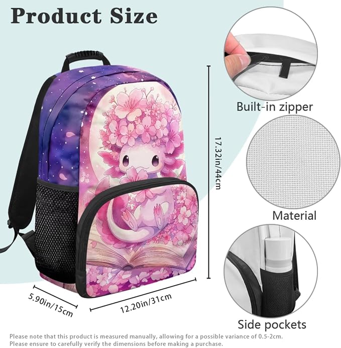 Girls Backpack Set 4PCS: Cute Cherry Blossoms Axolotl Bookbag with Lunch Bag, Pencil Case & Water Bottle Sleeve - 17 Inch for Elementary School Kids Ages 6-8 Back to School