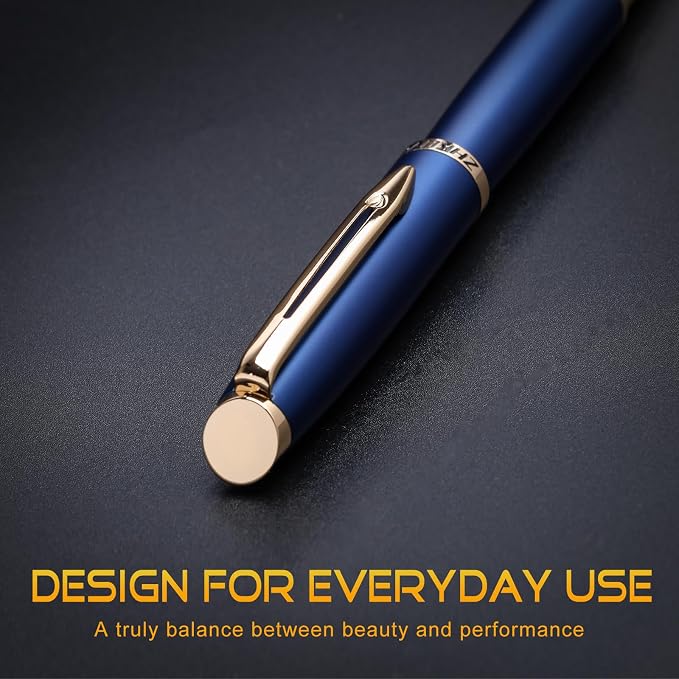 ZHKUVE Luxury Rollerball Pen, Stunning Blue Lacquer with 24K Gold Trim, Switzerland Tip with Black Ink Refills, Elegant Gift Set for Men & Women, Executive Writing