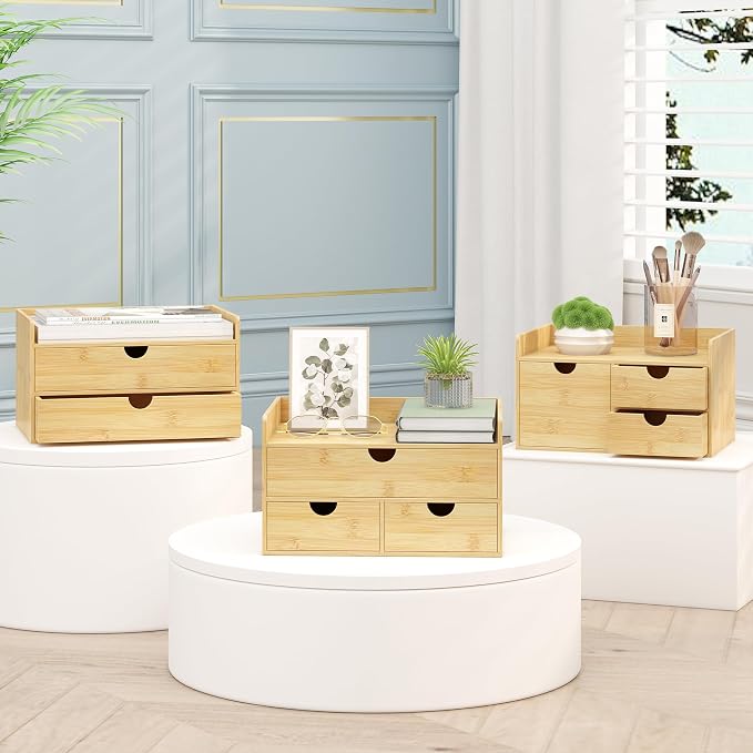 Bamboo Desk Organizer with Drawers, Desktop Storage Box for Office Supplies | 2 Drawers Desktop organizer, No Assembly Required, Natural Wood Wooden Desktop Drawers for Bills, Cosmetics, Seals, Paper