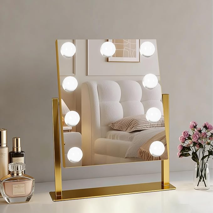 Moonee Vanity Mirror with Lights, Gold Hollywood Lighted Makeup Mirror with 9 Dimmable Bulbs and 10X Magnification 360°Rotation, 3 Colors Modes, Light Up Mirror for Tabletop（12" x 14"）