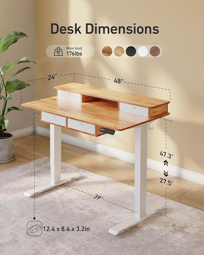CubiCubi 48" x 24" Standing Desk with Drawers, Height Adjustable Electric Workstation, Computer Sit Stand Up Table with Large Storage Shelf 4 Drawers and 2 Hooks, Light Rustic Brown