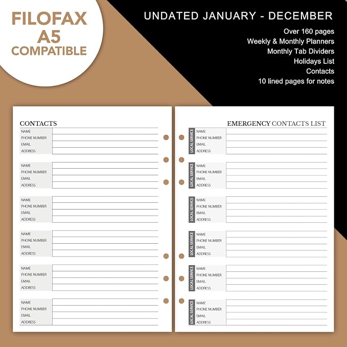 Wanderings Undated Monthly & Weekly Planner Inserts for A5 6-Ring Binder – 12 Months, Jan–Dec | Hourly Weekly Spreads, Contacts & Notes | Filofax Compatible | 120 GSM | 5.5" x 8.25"