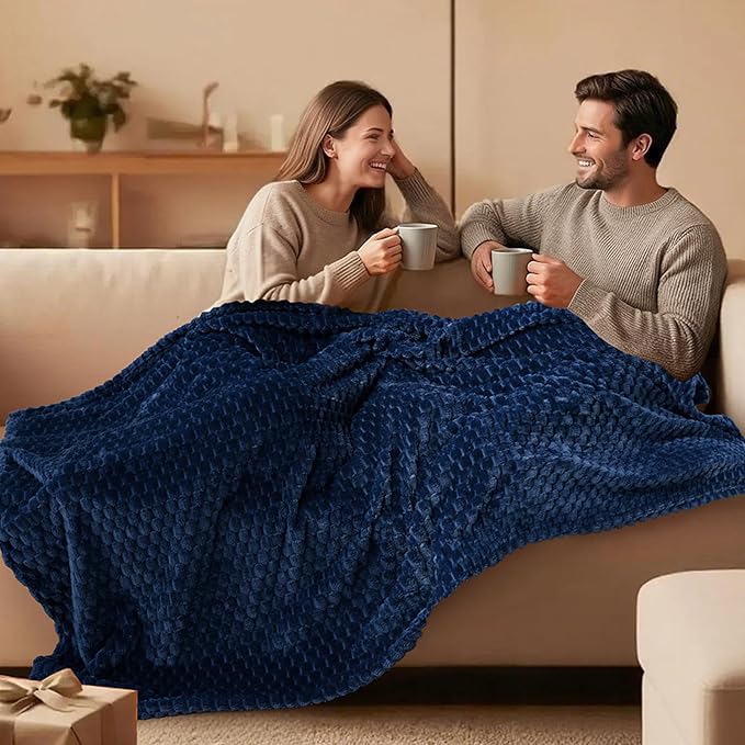 Vessia Flannel Fleece Throw Blanket(50x70 inch), 3D Jacquard Navy Fuzzy and Warm Blanket for Couch, Sofa, Bed, Chair, 300GSM Super Soft Touch Cozy Lightweight Throw for All-Season Home Decor