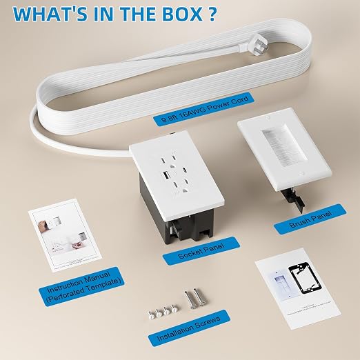 in Wall Cable Management Kit,Recessed Outlet Box for Wall Mount TV,Recessed Power Box with AC/USB-C/USB-A Ports & 9.8ft Extender for Unreachable Outlets,Hide TV Cords & Cables