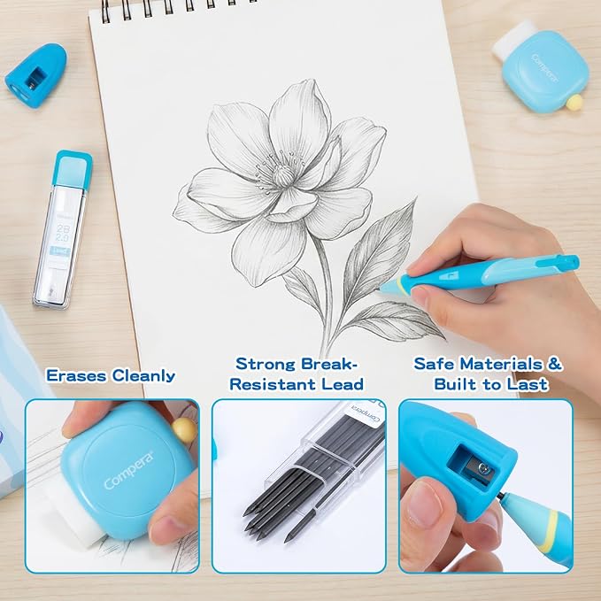 Ergonomic Pencil Set, 2.0mm HB Mechanical Pencils for Kids, School Supplies Include Sharpener, Eraser & 6 Extra Leads – Handwriting Aid for Preschool, Kindergarten, Homes, Blue, L