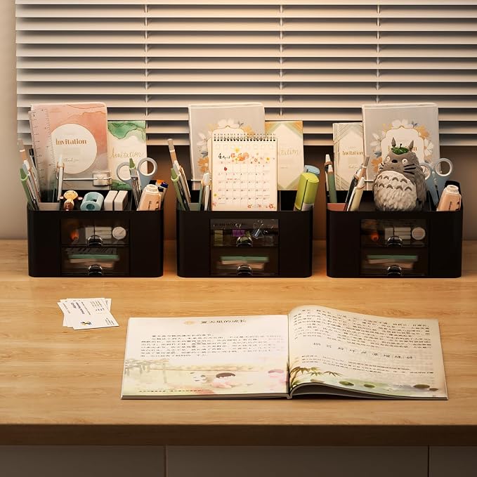 Stationary Organiser 7-Grid Desk Organizer with Drawer – Multifunctional Plastic Table Organizer & Pen Holder for School, Office, and Home (Black)