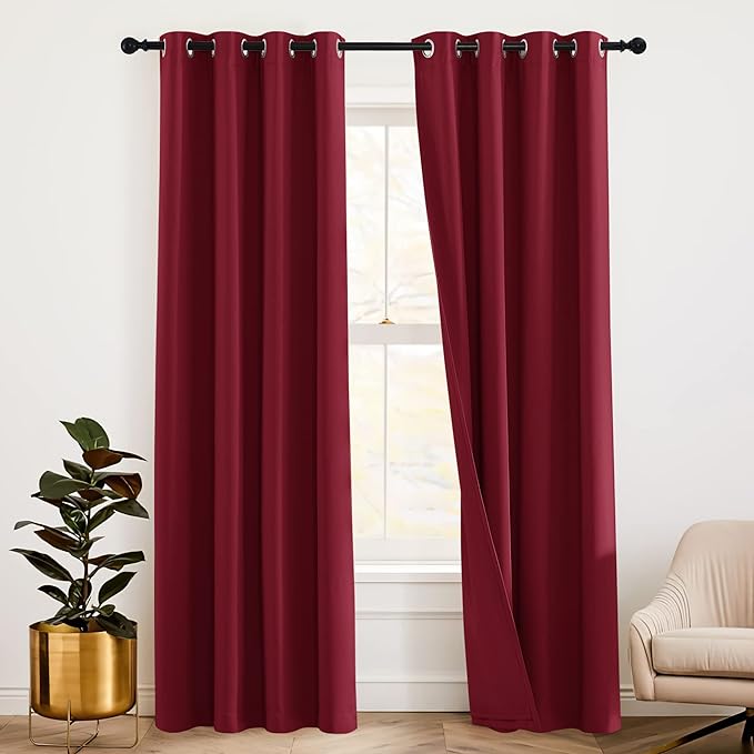 RYB HOME 3-in-1 Soundproof - Blackout - Thermal Insulation Living Room Divider Curtains, Large Bay Window Curtains for Bedroom Theatre Office Backdrop, Burgundy Red, W 52 x L 102 inches, 2 Panels