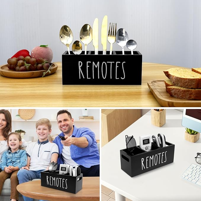 Remote Control Holder, Wooden TV Remote Holder for Table, 3-Compartments Bedside TV Controller Caddy, Wood Remote Organizer Box, Multi-functional Media Organizer Tray for Home Bedroom Nightstand