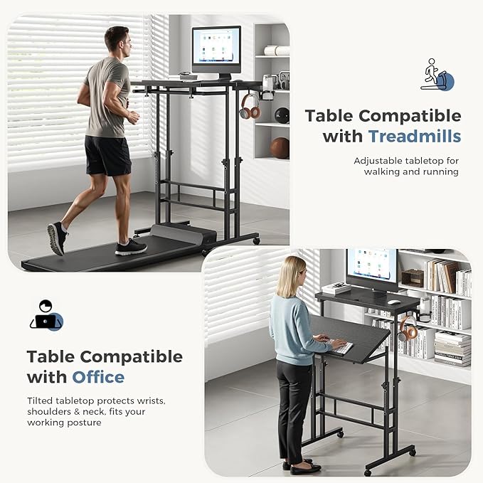 Simple Deluxe Split Top Rotating Standing Desk on Wheels – 23.6" Manual Adjustable Height Mobile Laptop Computer Table – Sit Stand Rolling Workstation with Tilt Function– Black