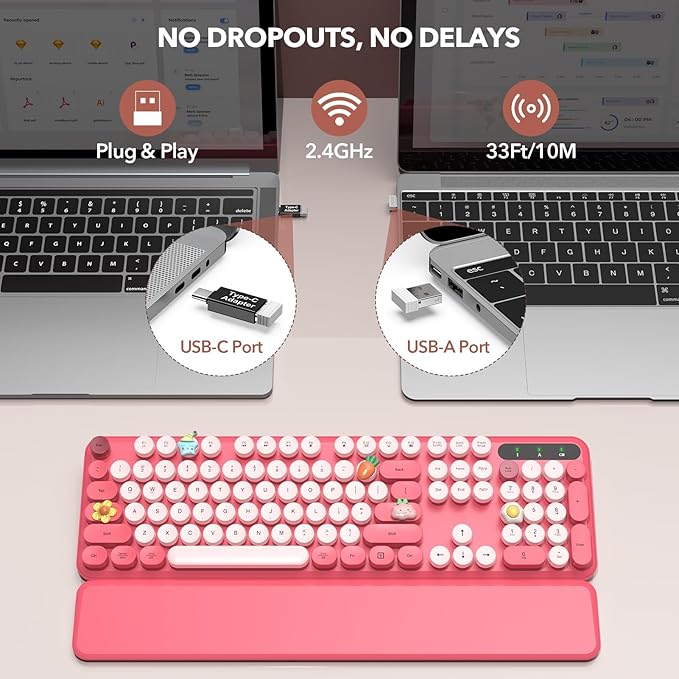 Retro Typewriter Wireless Keyboard, Pink Round Keycaps with Detachable Wrist Rest, Vintage Style Computer Cordless Keyboard, Cute Full-Size for Windows/PC/Laptop (Ideal for Writer/Gamer/Office)