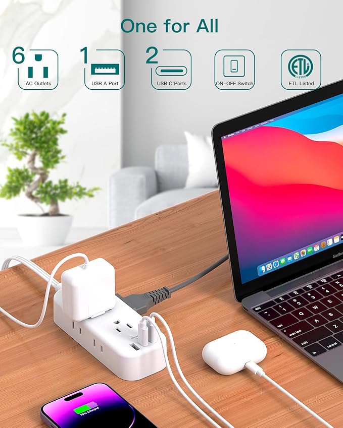 Extension Cord 15 ft - Power Strip Surge Protector, Flat Plug with 6 AC Outlet Extender 3 USB Ports (2 USB-C), 1080J, Multi Plug Outlets Desktop Charging Station for Home College Dorm Room Essentials