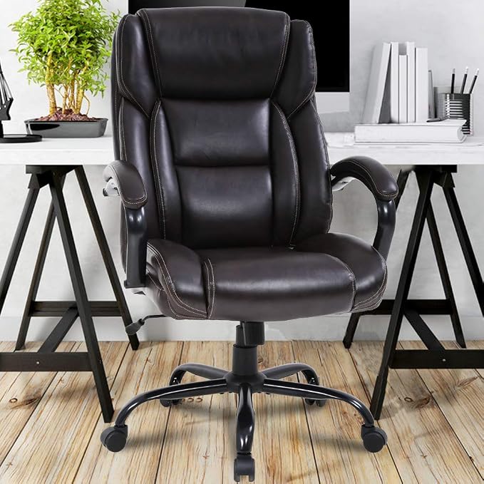 Big & Tall Executive Office Chair Heavy Duty 500LBS Computer Desk Chair Ergonomic High Back Task Rolling Swivel Chair with Lumbar Support Armrest PU Leather Classic Executive Chair for Adult, Brown