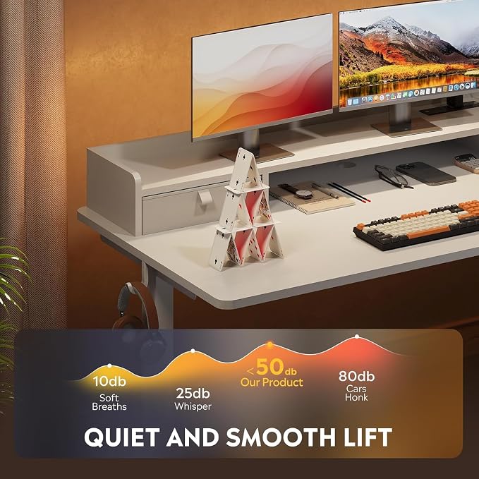 DEVAISE 55 Inch Standing Desk with Sheft, Ergonomic Computer Desk, White | LED Touchscreen, Headphone Hook, 3 Memory Preset, Home Office