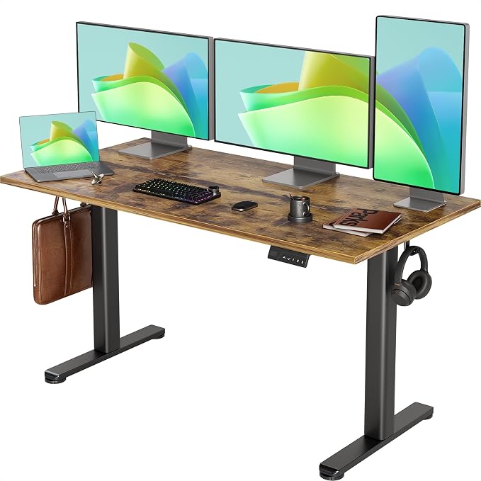 INNOVAR Electric Standing Desk, Adjustable Height Stand up Desks, 55 x 24 Inches Sit Stand up Desk for Home Office Computing, 3-Preset Memory Height Ergonomic Rising Desks, Rustic Brown