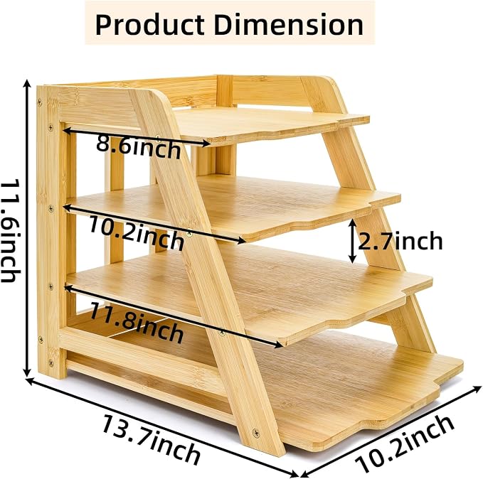 ZAVOOS Wood Paper Organizer for Desk, 4 Tier Bamboo Letter Tray File Folder, Mail Sorter Shelf Document Storage Rack Holder for Home, Workplace, Office Supplies Desk Accessories