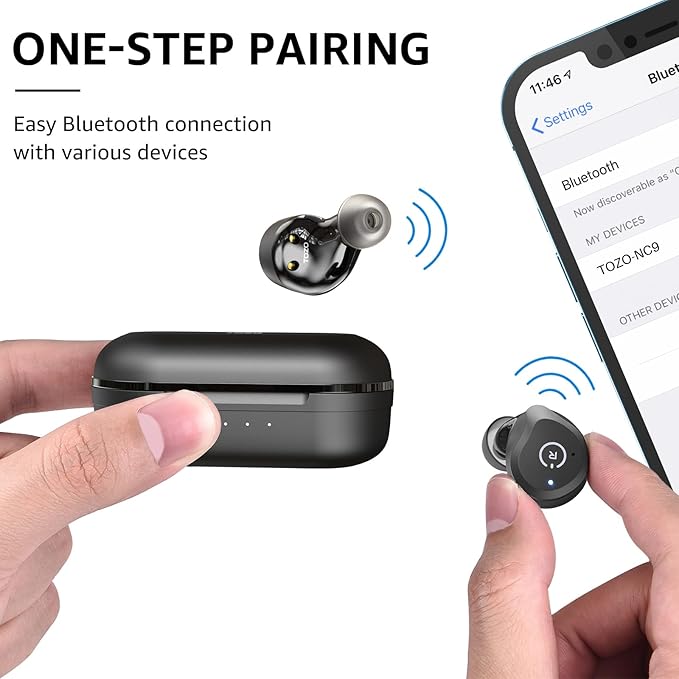 TOZO NC9 Hybrid Active Noise Cancelling Wireless Earbuds, in Ear Headphones IPX6 Waterproof Bluetooth 5.3 Stereo Earphones, Immersive Sound Premium Deep Bass Headset Matte Black.
