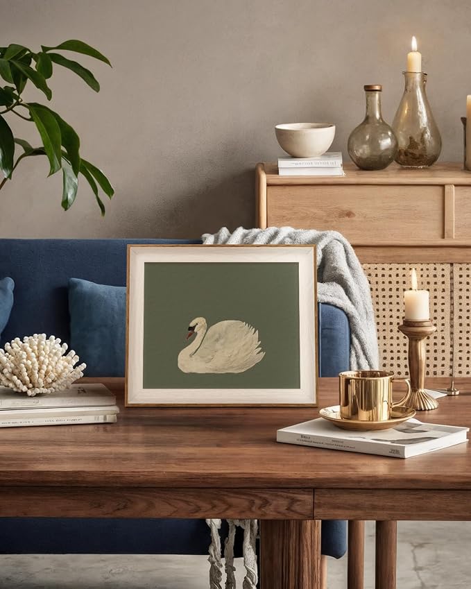 VIYYIEA Framed Wall Art for Living Room, Swan Canvas Prints, Green Home Decor, Animals Painting Picture, Bathroom Wall Decor Gifts for Friends or Family -【Swan Green】-(12L x 10W)