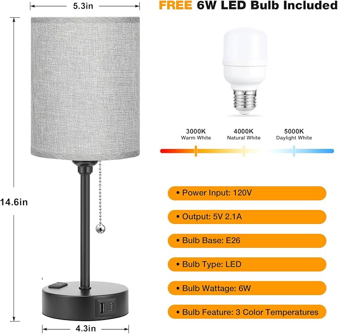 Grey Nightstand Lamps 3 Color Temperatures - 3000K 4000K 5000K Bedside Lamps with USB C and A Ports, Pull Chain Table Lamps with AC Outlet, Small Lamps with Black Metal Base for Sleeping Reading