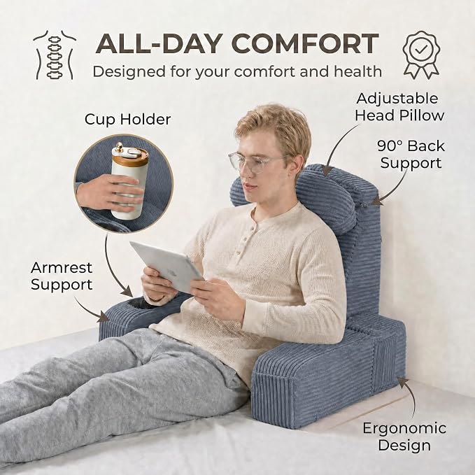 Reading Pillow for Adults, Back Pillow for Bed Sitting Up, Backrest Pillow for Sitting in Bed, Detachable Arms with Built-in Cup & Phone Caddy (Dark Gray-Corduroy, 21 INCH)