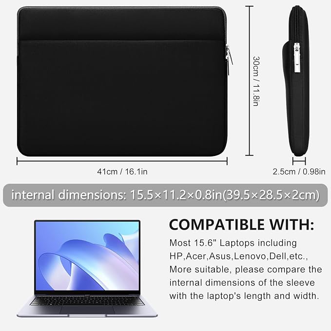Laptop Sleeve Bag Compatible with 15.6 inches HP Acer Asus Portable Case with Front Pocket Padded Computer Pouch Cover Shockproof Protective for 15.6” Laptop,Black
