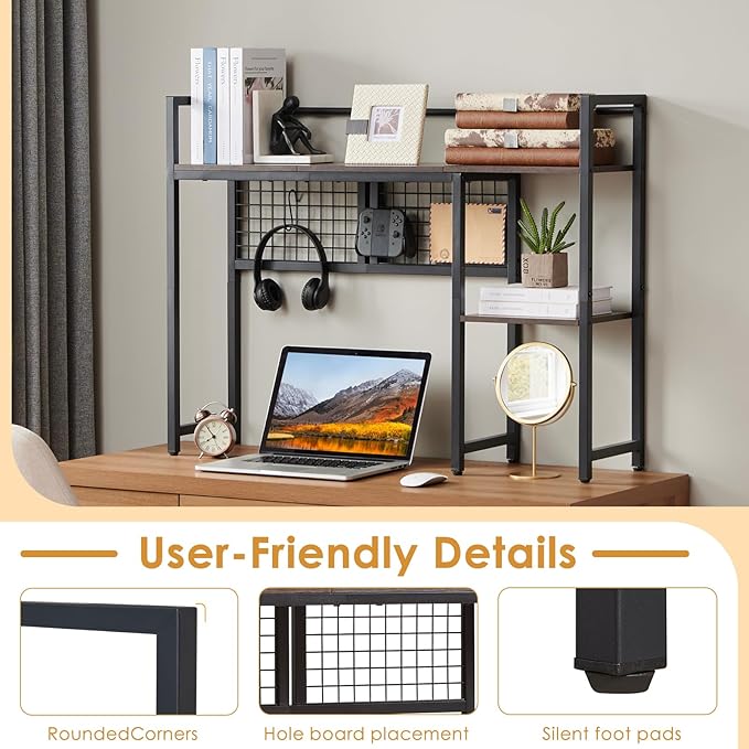 4-Tier Desk Hutch Shelf with Grid Panel, 39” Desktop Bookshelf for Monitor, Office & Home (Rustic Brown, 39")
