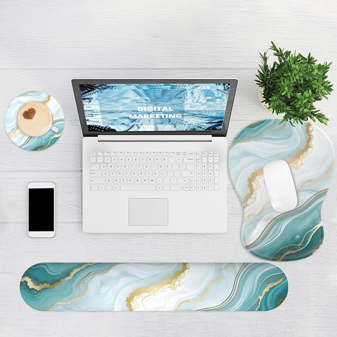 Ergonomic Mouse Pad with Wrist Rest and Keyboard Wrist Rest, Gel Mousepad and Wrist Rest for Computer Keyboard, Pain Relief, Non-Slip PU Base, Mouse Pad Wrist Support for Gaming, Blue Green Marble