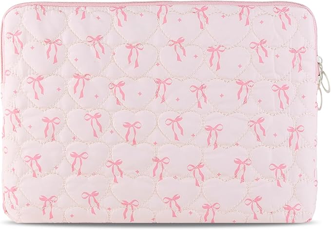 Cute Bow Puffy Laptop Sleeve 13-15 Inch Cute Quilted Laptop Protective Case Padded Bow Computer Sleeve for MacBook