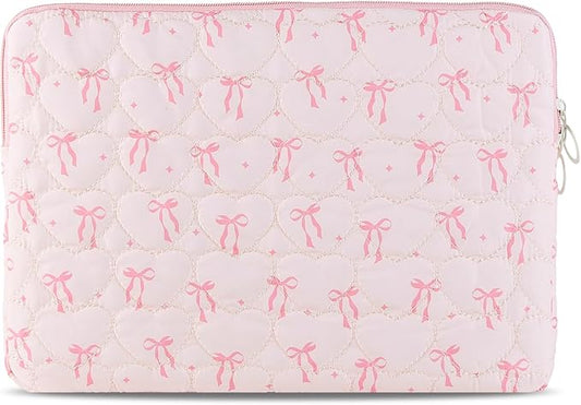 Cute Bow Puffy Laptop Sleeve 13-15 Inch Cute Quilted Laptop Protective Case Padded Bow Computer Sleeve for MacBook