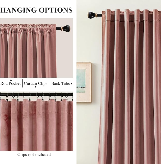Pink Velvet Curtains for Girls Bedroom Room Darkening Thermal Insulated Soundproof Curtain 102 Inches Long Cute Window Drapes for Living Room, Back Tab Rod Pocket, Dusty Rose, W52 x L102, 2 Panels