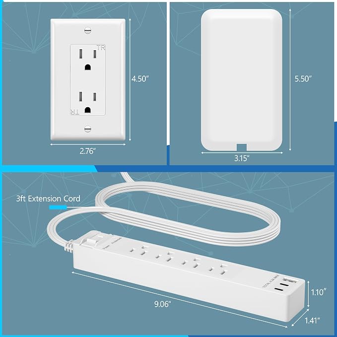LIDER Surge Protected Outlet Extender, 4-Outlet Power Strip, 21W USB-A & 2 USB-C, Ultra-Thin Wall Plate Plug with Cord Extender, Flat-Face, 5ft Cord, 1500J, 1625W, ETL Listed, Matte White