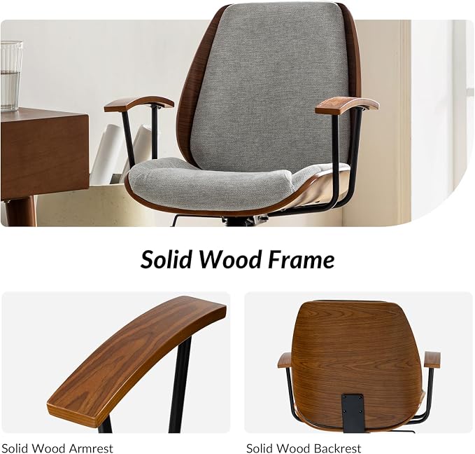HULALA HOME Solid Wood Office Chair with Tilt Function & Metal Base, Grey | Mid Century Modern Desk Chair with Bent Wood Frame, 360° Swivel Fabric Computer Task Chair, Height Adjustable
