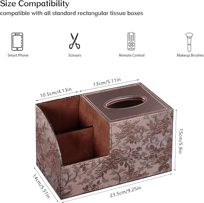 Square Tissue Box Cover with Storage, PU Leather Facial Cube Tissue Holder | TV Remote Control Holder, Desk Accessories Nightstand Organizer, Modern Table Caddy for Bathroom, Bedroom, Home, Office Decor