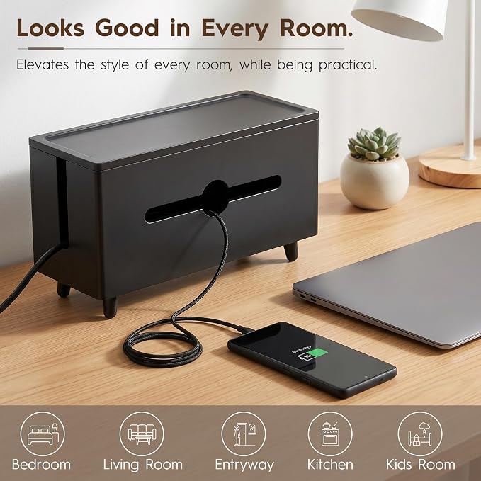 Extra Large Cable Management Box，Wood Cable Organizer Box,Power Strip Box & Organizer for Power Strip, TV Wires & Desk Cable Storage,Hide Desk Cord and Floor Cables (Black) (Black)