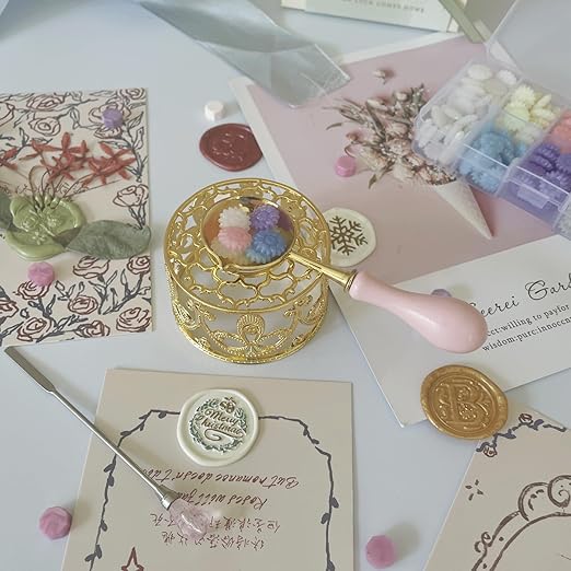 Metal Wax Seal Warmer Kit with Spoon and Stirring Stick, for Wedding Wax Envelope Seal Stamp (Golden Bird's Nest Stove)