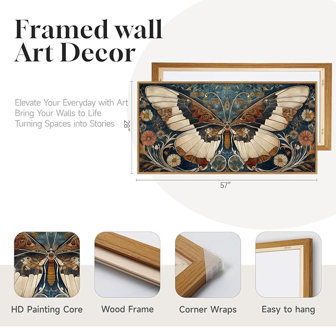 Framed Vintage Butterfly Wall Art for Living Room, Extra Large Horizontal Canvas Artwork Decor, Retro Rustic Picture Print Painting for Bedroom Hallway 60x30 Inch