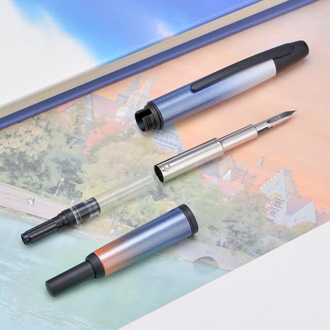 Jinhao 10 Press Fountain Pen with Box, Gradient Dark Blue Retractable Fine Nib with Ink Converter Set (Black Clip)