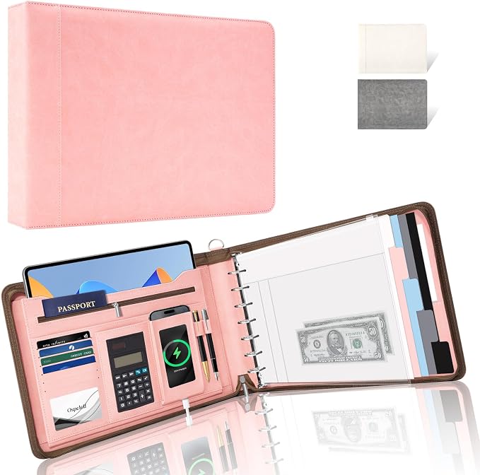 Ospelelf Pink Zippered 7 Ring Check Binder for Business Checks (9" x 13"), 1 Inch Faux Leather Checkbook Portfolio with Zipper Pouch, Professional Binder Organizer for Accountants, Home Use