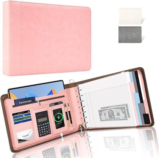 Ospelelf Pink Zippered 7 Ring Check Binder for Business Checks (9" x 13"), 1 Inch Faux Leather Checkbook Portfolio with Zipper Pouch, Professional Binder Organizer for Accountants, Home Use
