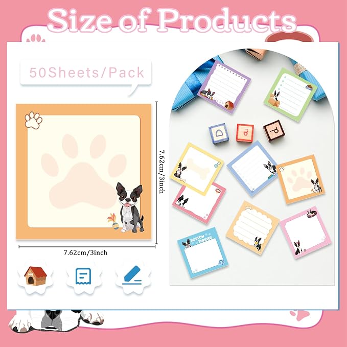 Boston Terrier Sticky Notes Gifts - 9 Pack Funny Dog Notepads 3x3 Inches, Cute Puppy Self-Stick Memo Pads School Office Supplies, Boston Terrier Gifts for Women Men (450 Sheets)