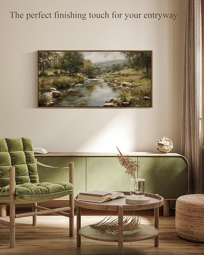 InSimSea Extra Large Framed Vintage Wall Art, Living Room Country Farmhouse Decor, River Rolling Hills Landscape Canvas Prints, Retro Scenery Long Picture for Bedroom Above of Bed, 20x40inch