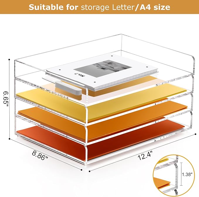 4-Tier Acrylic Stackable Letter Tray Paper Organizer Trays for Desk,Clear | Horizontal File Paper Sorter, Office Supplies Accessories Storage for Letter/A4 Size Folders Documents 12.4inx8.86inx6.65in