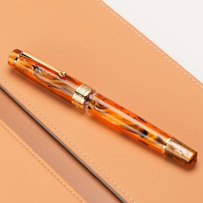 Asvine P20 Amber Fountain Pen Piston Filling, Gold Plated Fine Point Smooth Writer with Pen Gift Case