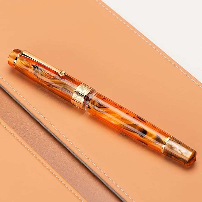 Asvine P20 Piston Fountain Pen, Stub Nib 1.1mm Calligraphy Art Drawing Amber Acrylic with Case Set