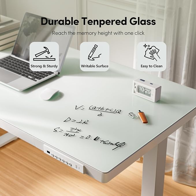 FEZIBO 48 × 24 Electric Standing Desk with Drawers, Whole-Piece Glass Adjustable Height Desk, One-Piece Quick Install Adjustable Sit Stand Desk, White